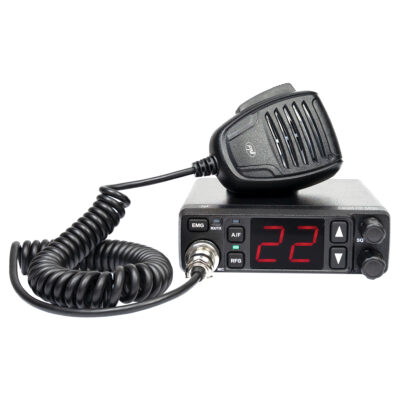 Stație CB PNI Escort HP 5500 cu carcasă neagră compactă, ecran LCD și taste pe panoul frontal