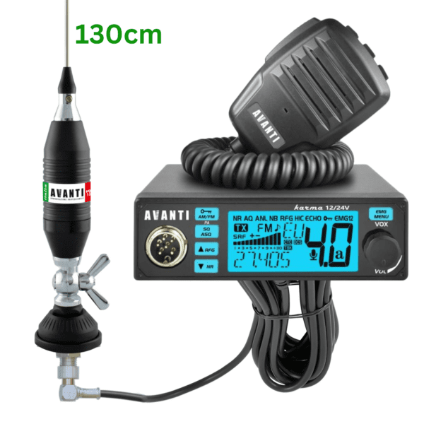 Kit complet 17: Statie radio CB Avanti KARMA PRO + Antenă AVANTI Volo 130 DV + cablu de prindere fixă
