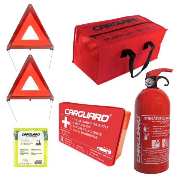 Pachet legislativ auto complet cu stingător, trusă medicală și triunghiuri