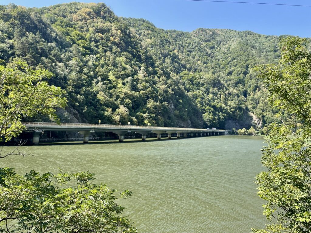 Viaductul Cârligul Mic al drumului național DN7, construit pe râul Olt, pe Valea Oltului, între dealuri împădurite