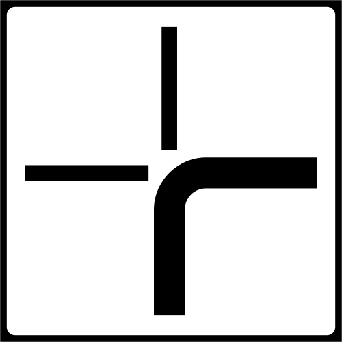Panou adițional alb cu schema intersecției: linia groasă vine de jos și cotește la dreapta, liniile subțiri sunt drumurile fără prioritate