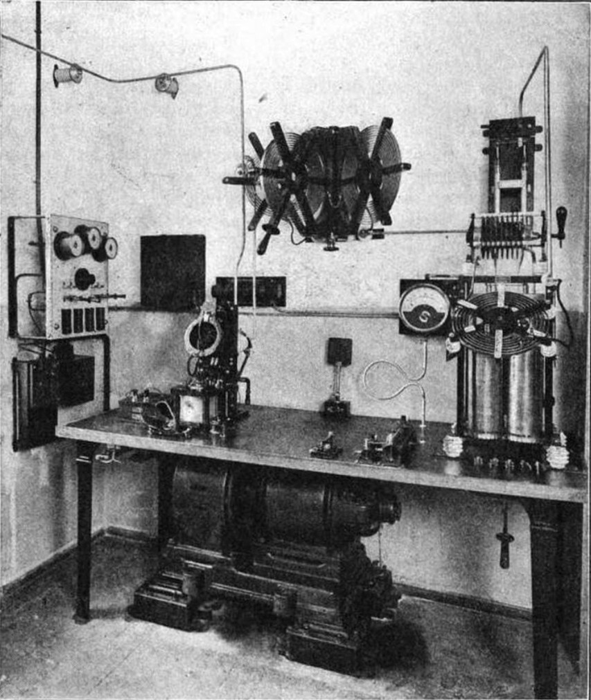 Cabina radio a unei nave de pasageri pe la 1917: emițător cu scântei, receptor și cheie Morse pe o masă, cu generatorul dedesubt