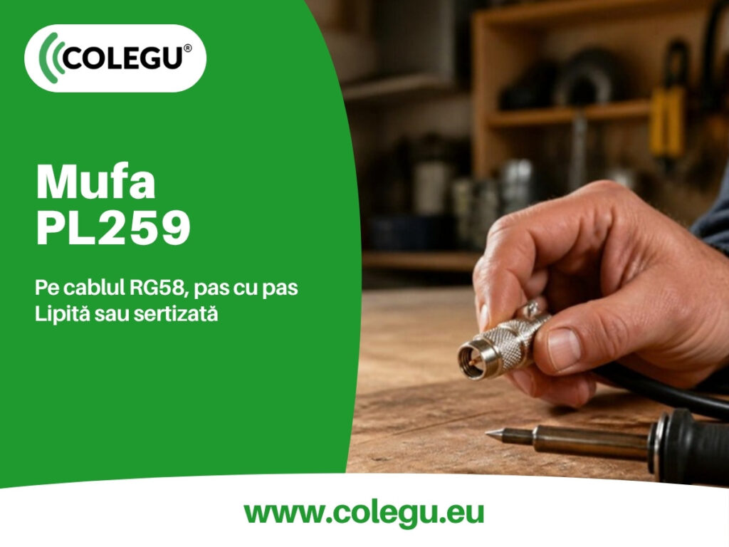 Mufă PL259 montată pe cablul coaxial RG58, pe bancul de lucru
