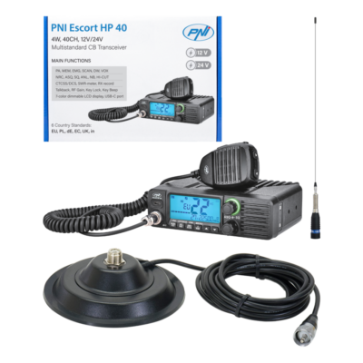 KIT Stație CB PNI Escort HP 40 multistandard 12/24V, cu antenă ML160 145 cm și bază magnetică