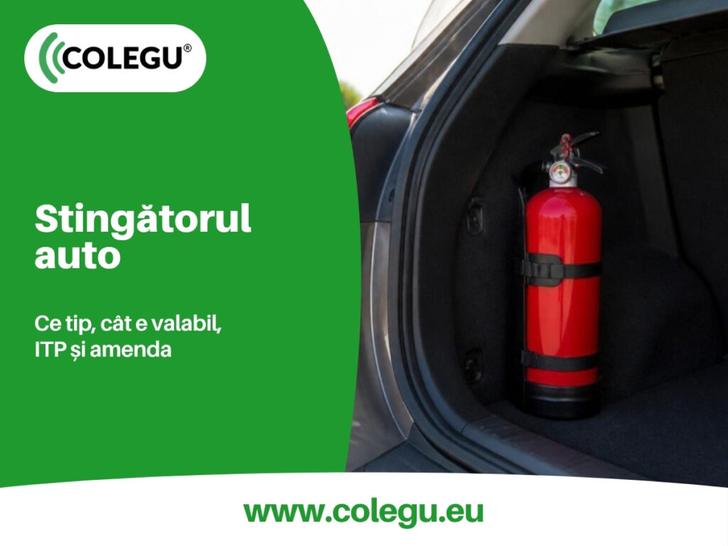 Stingător auto cu pulbere și manometru, ținut la îndemână în mașină