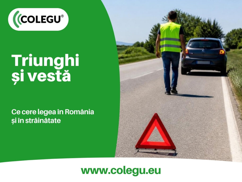 Triunghi reflectorizant pus pe asfalt în spatele unei mașini oprite pe marginea drumului