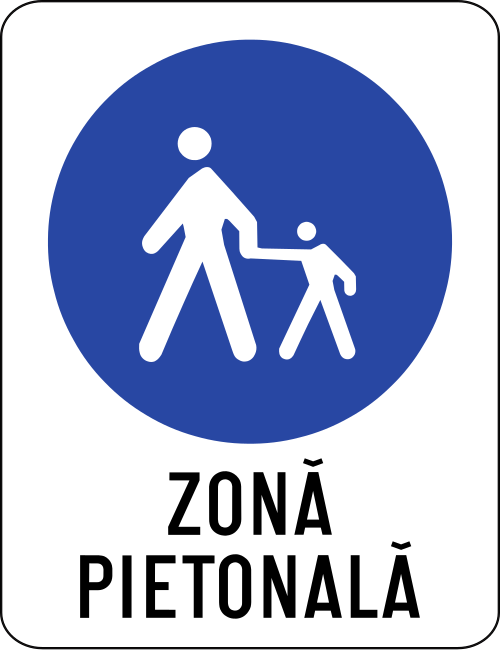Indicatorul Zonă pietonală: cerc albastru cu un adult și un copil de mână, cu inscripția ZONĂ PIETONALĂ