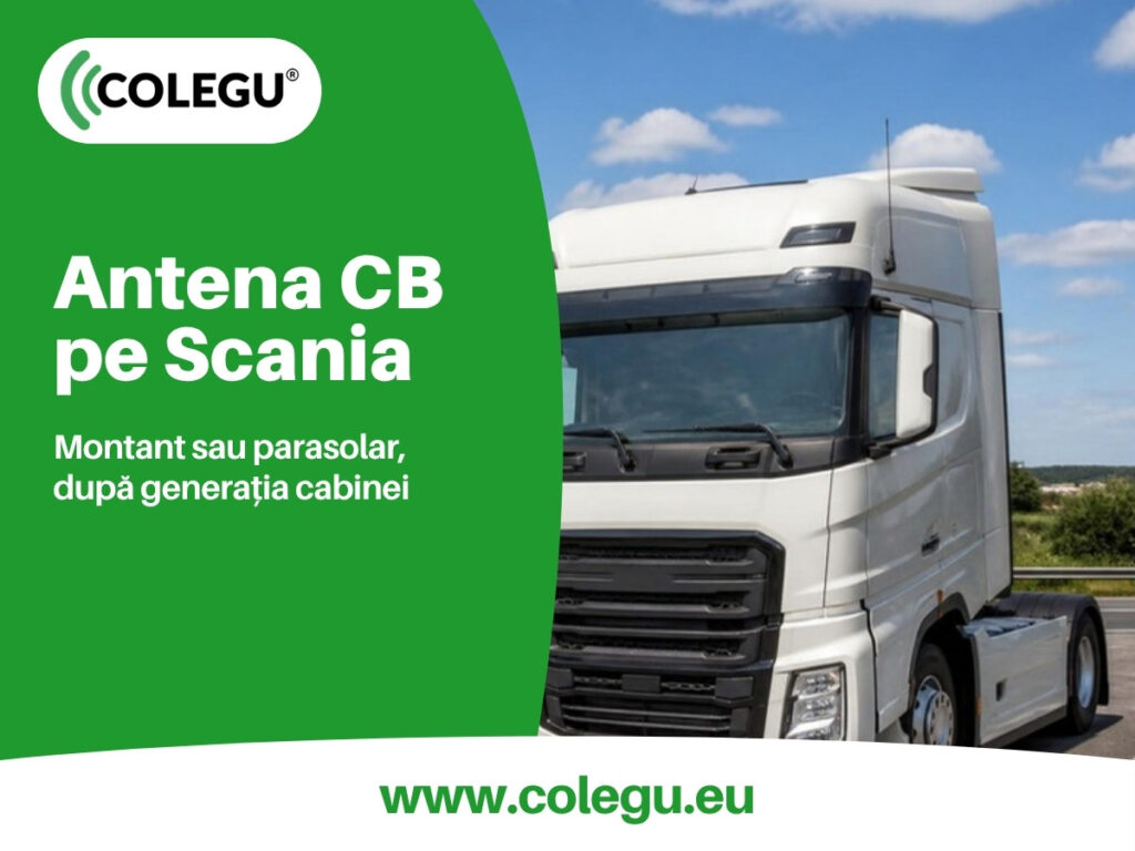 Antena CB montată pe cabina unui camion Scania, lângă ușa șoferului