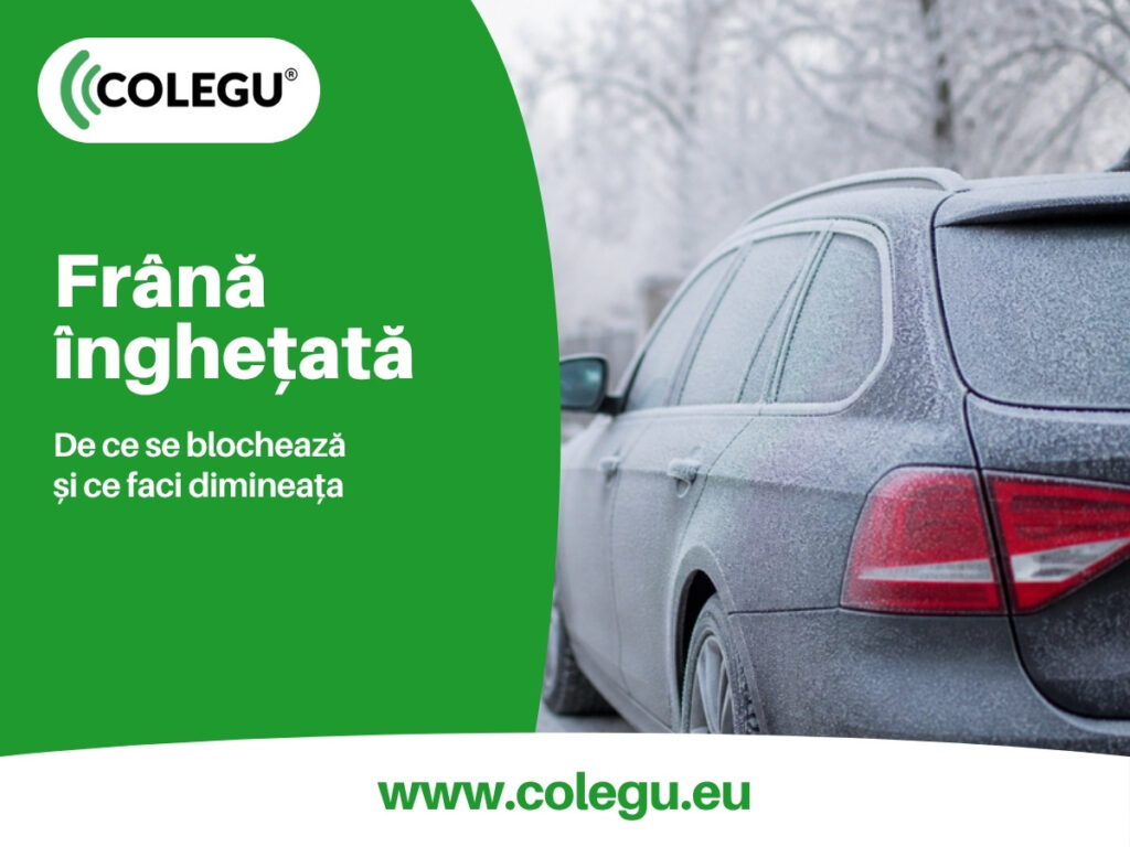 Mașină parcată pe zăpadă dimineața, cu brumă pe roata din spate: frâna de mână înghețată