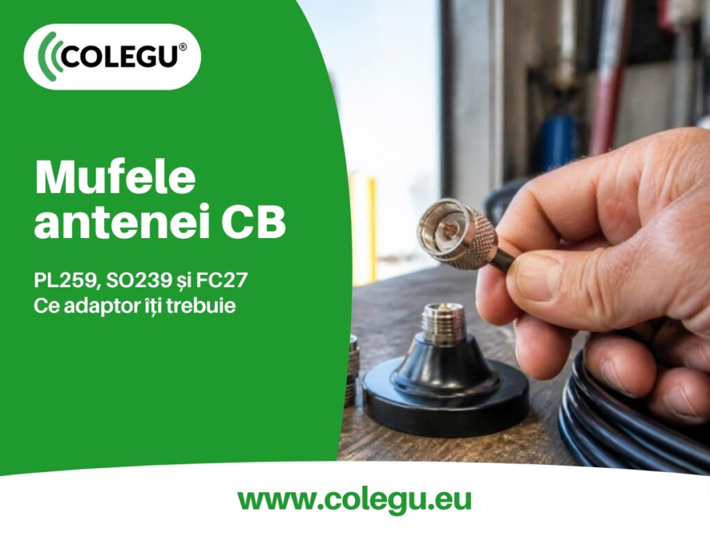 Mufe de antenă CB PL259 și adaptoare pe bancul de lucru, lângă un cablu coaxial